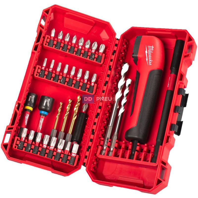 Sada bitov, nástrčných kľúčov, vrtákov a uhlový nadstavec MILWAUKEE SHOCKWAVE – 35 ks