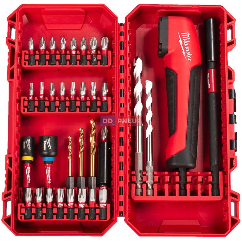 Sada bitov, nástrčných kľúčov, vrtákov a uhlový nadstavec MILWAUKEE SHOCKWAVE – 35 ks