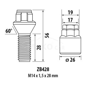 Poistné skrutky ZB428 M14x1,5x28mm kužeľ – kľúč 17/19