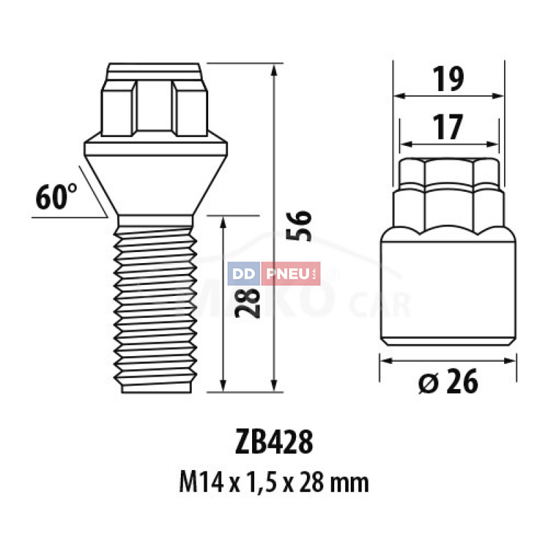 Poistné skrutky ZB428 M14x1,5x28mm kužeľ – kľúč 17/19