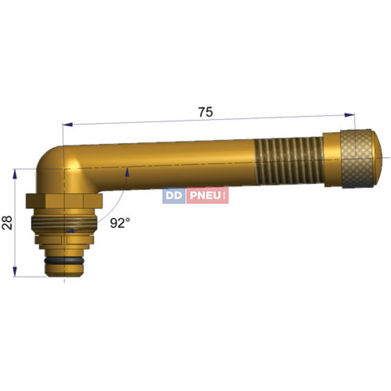 Bezdušový ventil EM typ EU – 1x zahnutý, A 28mm, B 75mm, uhol 92°