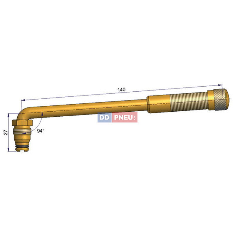 TRJ652 bezdušový ventil EM – 1x zahnutý, A 27mm, B 140mm, uhol 94°