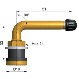 Bezdušový ventil TR570C balón – 1x zahnutý, diera 16mm, dĺžka 51mm