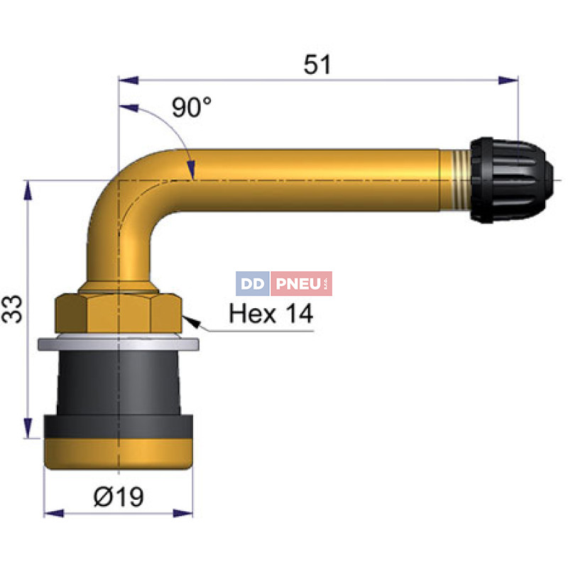 Bezdušový ventil TR570C balón – 1x zahnutý, diera 16mm, dĺžka 51mm