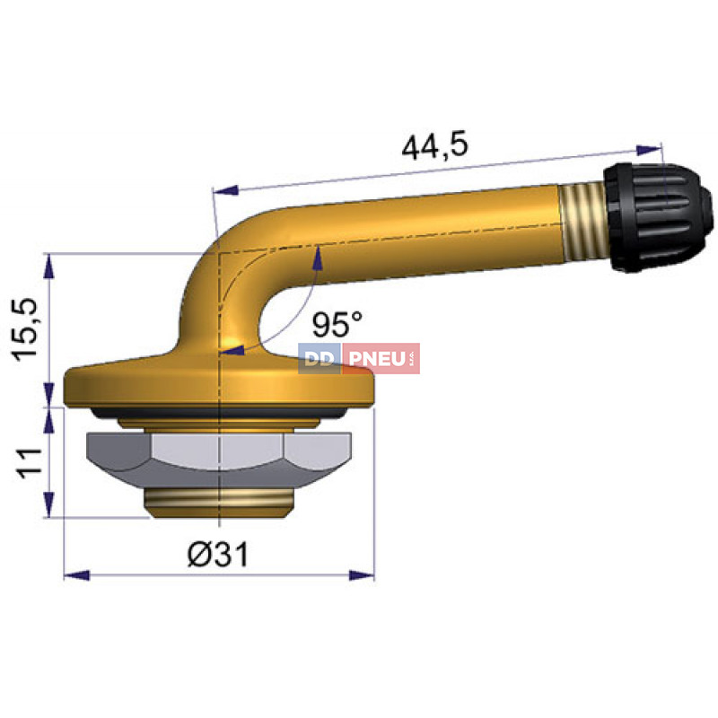 Bezdušový ventil typ Sephie – 1x zahnutý, diera 20,5mm, dĺžka 44,5mm