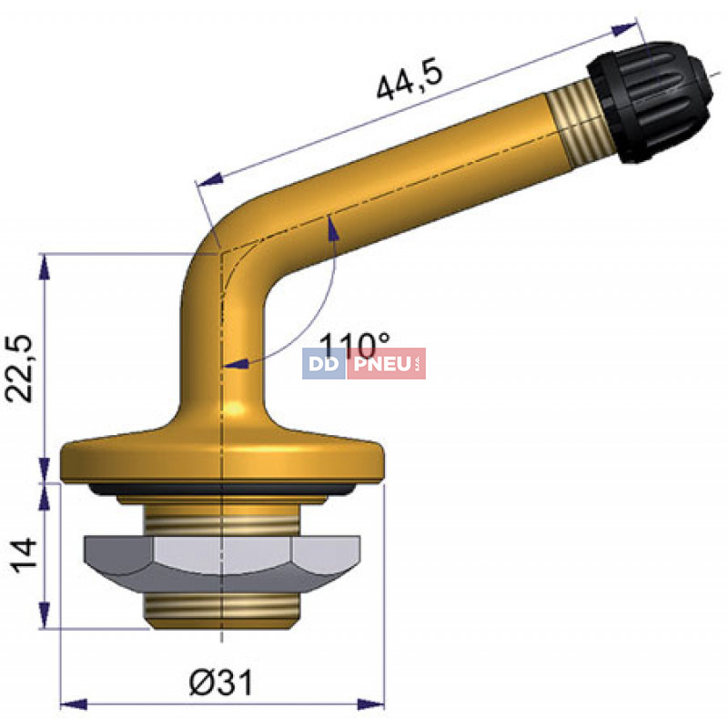 Bezdušový ventil typ Sephie – 1x zahnutý, diera 20,5mm, dĺžka 44,5mm, závit 14mm