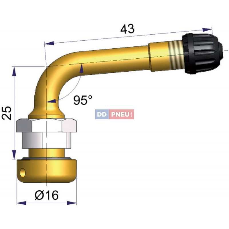 Bezdušový zahnutý ventil V528 – diera 9,7mm, dĺžka 43mm