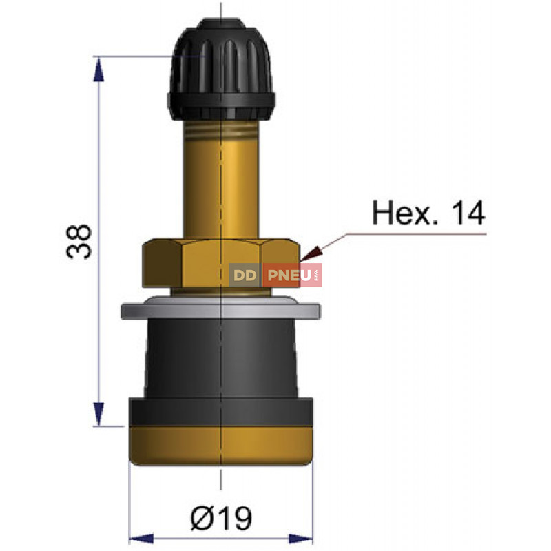 Bezdušový ventil TR501 balón – rovný, diera 16mm, dĺžka 38 mm