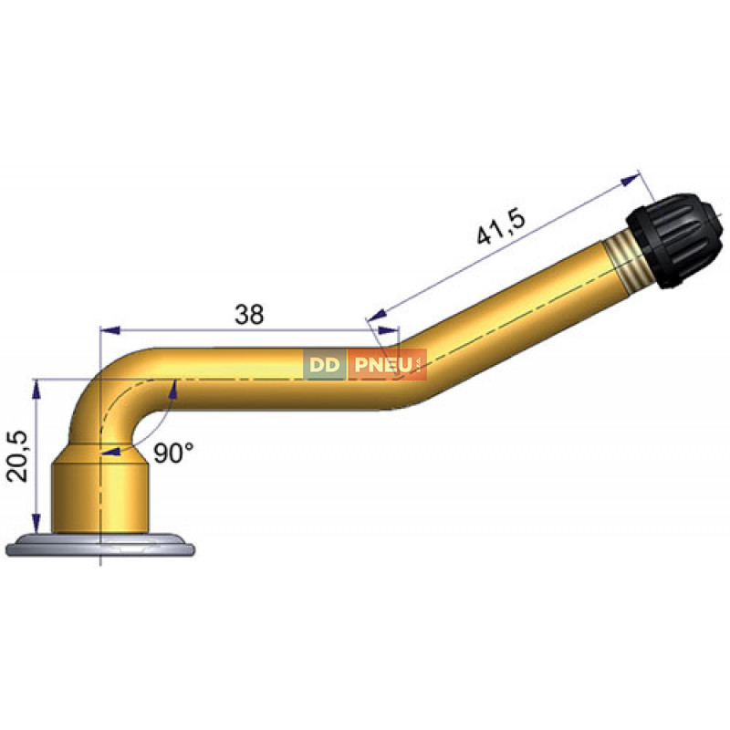Dušový ventil V 3.04.2 – 2x zahnutý, A 20,5mm, B 38mm, C 41,5mm, uhol 90°
